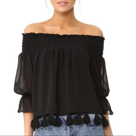 MISA Los Angeles Fontaine Black Off the Shoulder Pom Pom Tassel 3/4 Sleeve Top - Picture 1 of 11